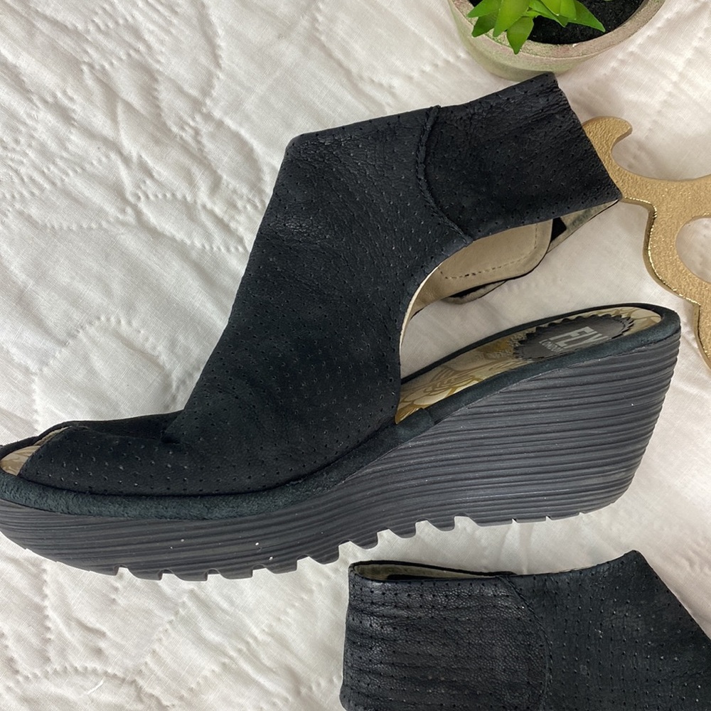 Fly London Yala Perf Suede Open Toe Wedge Sandals - Picture 5 of 10